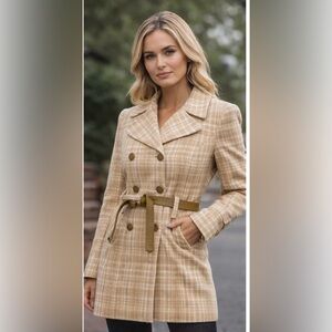 Vtg Jacobson's Brown Plaid Double Breasted Warm Camel Hair Women's Swing Coat